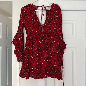 ASOS Red Cheetah Print Dress with Ruffles, assymetrical sleeves & cut out back